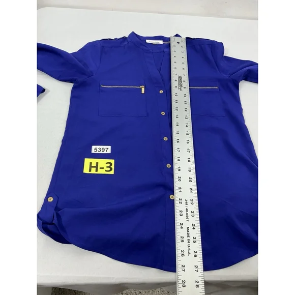 Womans Calvin Klein Button Down Blouse XS Blue Adjustable Sleeves Zip Accent - Picture 6 of 8